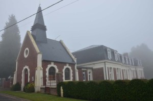 Becourt Chapel on a foggy morning