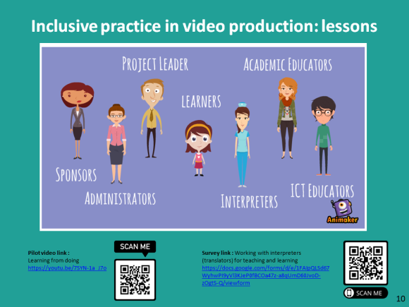 Slide 10: Inclusive practice in video production, with image of the characters used in the pilot video, and link to online survey