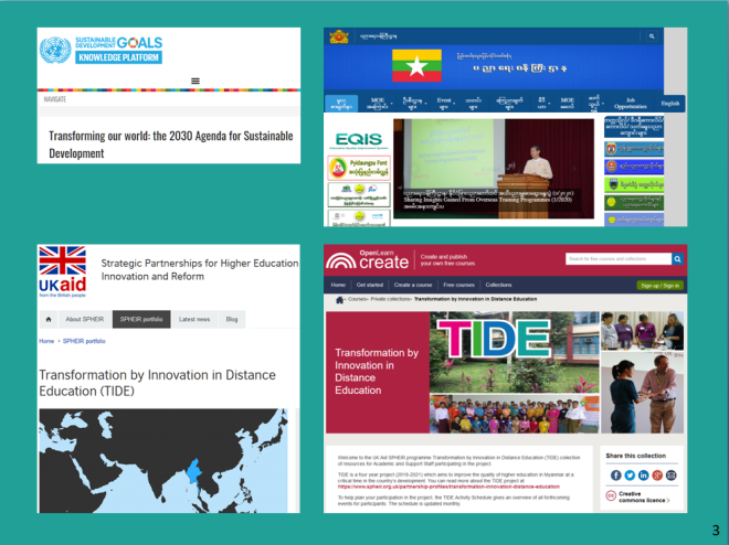 Slide 3: images of Myanmar Ministry of Education website, TIDE collection, UNESCO sustainable development goals website and UK Aid website page about TIDE
